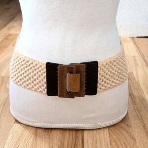 Anthropologie Womens Woven Hook + Loop Buckle Waist Belt Beige